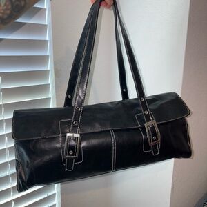 Black Leather Shoulder Bag with Buckle Straps